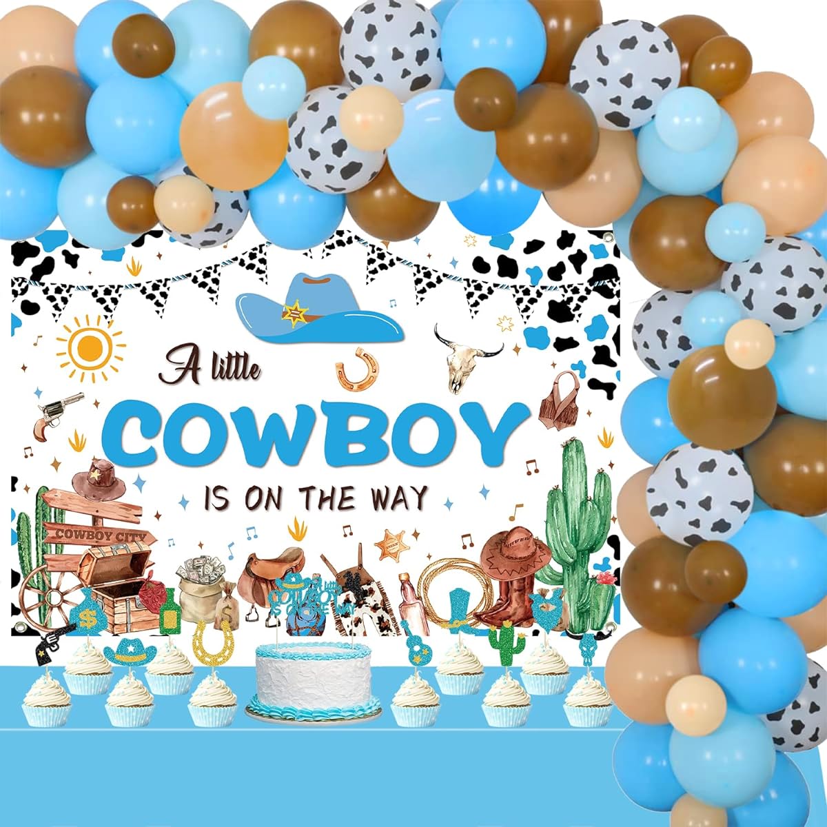 Baby Shower Decorations for Boys - A Little Cowboy is on the Way Backdrop Blue Balloon Garland Arch Kit Cupcake Topper Tablecloth Wild Western Theme Baby Shower Party Supplies