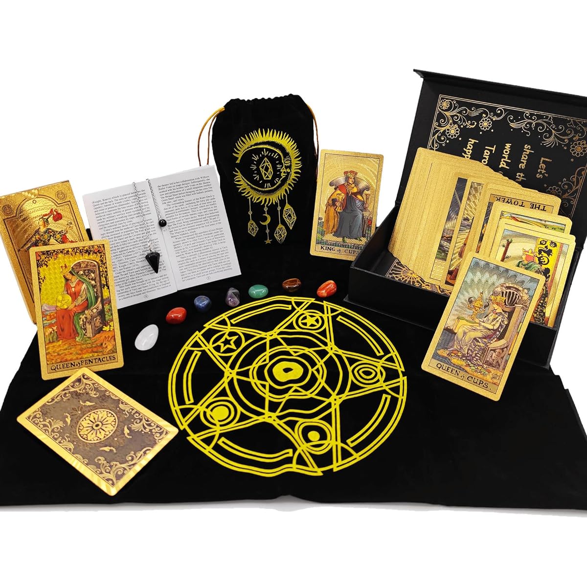 KLKOKVKE Tarot Card Set for Beginners with Guidebook Meaning PVC Waterproof with Card Holder Table Mat 7 Chakra Stones with Crystal Pendulum (Black Gold 05)