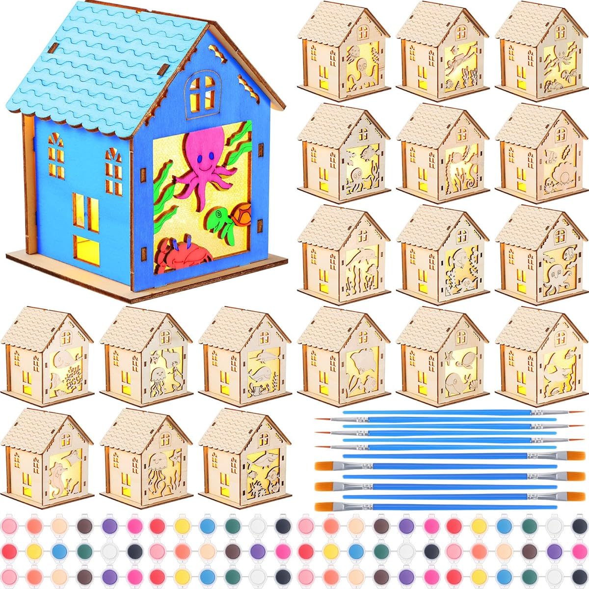 Soaoo LED House Wooden Craft Kit, 18PCS Unfinished Light Up Little House 3D Cutting Wooden Puzzle with 12 Paint Strips and Flat Tip Brushes for Kids and Adults, Create Decorations (Marine Animals)