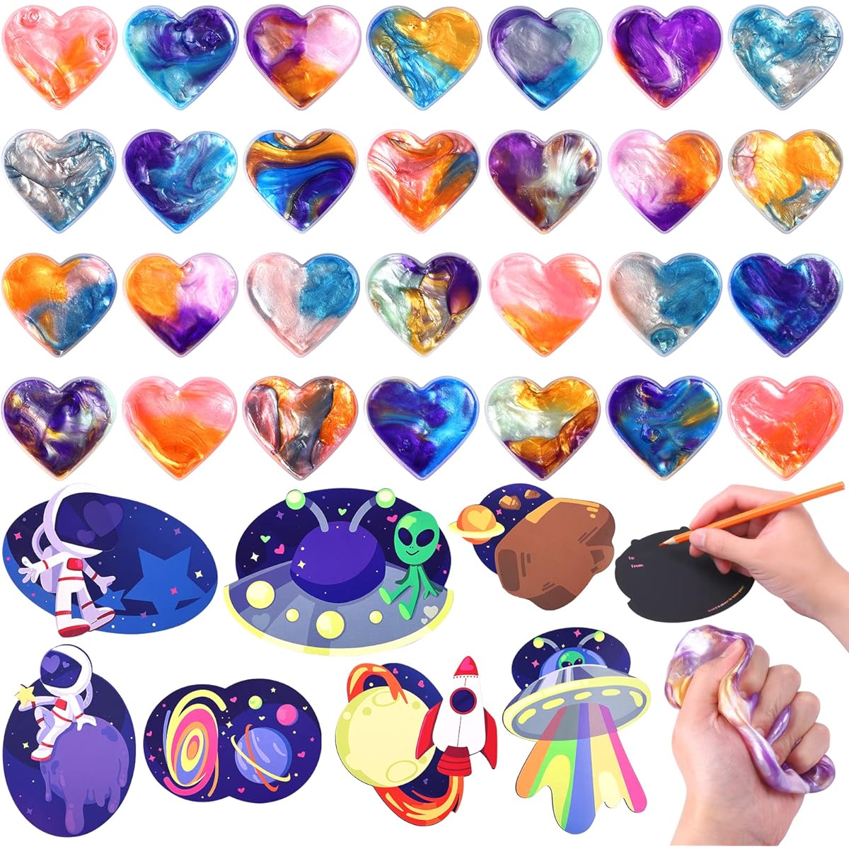 Valentine Galaxy Slime with Valentine's Day Gift Cards, Slime Party Favors, Stress & Anxiety Relief Slime Packs for Girls and Boys, Classroom Swap Favors, Valentine Greeting Cards, Pack of 28