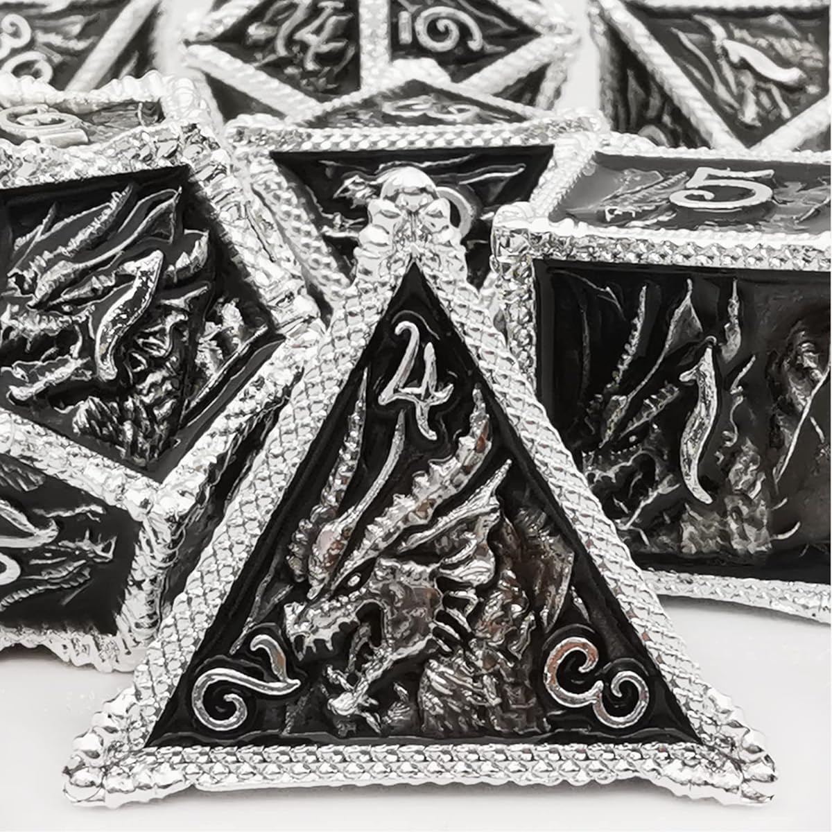 MJDICEOK Metal Dragon Dice Set DND 7 Set Dice Role Playing Dice D&D Dungeons & Dragons (Silver Black)