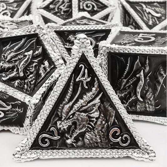 MJDICEOK Metal Dragon Dice Set DND 7 Set Dice Role Playing Dice D&D Dungeons & Dragons (Silver Black)