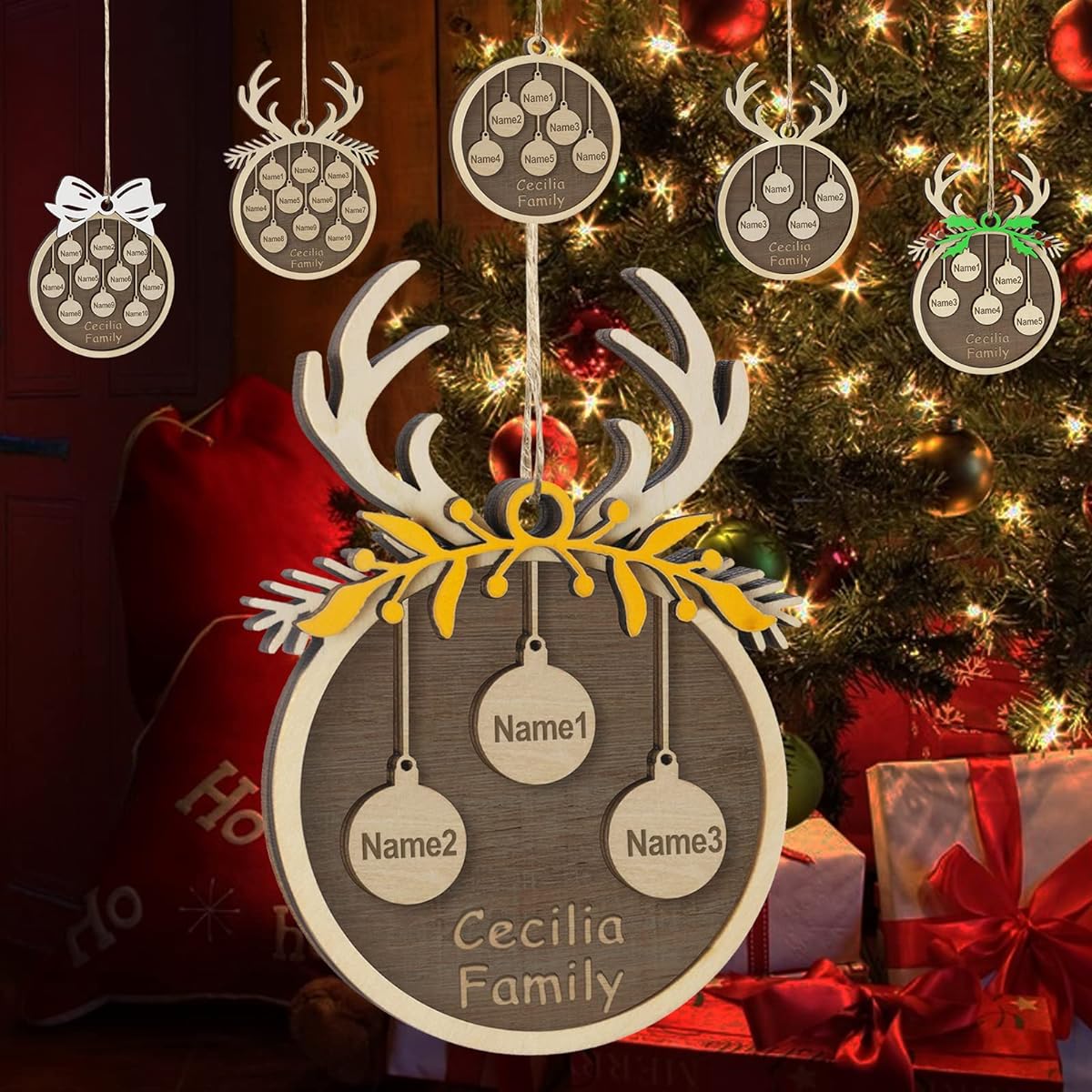 Personalized Family Christmas Ornaments 2022, Custom 1 to 10 Name Wooden Christmas Ornaments with Small Rope, Christmas Tree Home Decor Gift for Friends Family of 3