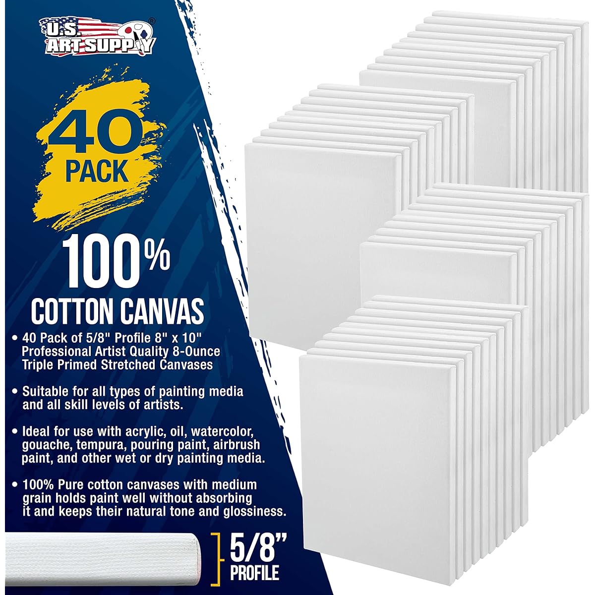 US Art Supply 8 x 10" Super Value 10-Pack High Quality Acid Free Stretched Canvas - 3/4 Profile Prime Gesso (10 Canvases) 8"x10" Super Value 40-Pack SC08X10-SV-40PK