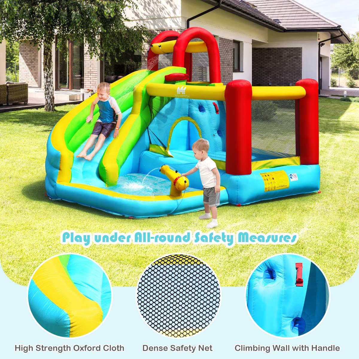 HONEY JOY Inflatable Water Slide, Water Bounce House Water Park with Splash Pool & Slide, Climbing Wall, Indoor Outdoor Inflatable Water Slide for Kids and Adults, Backyard (735W Blower Included)