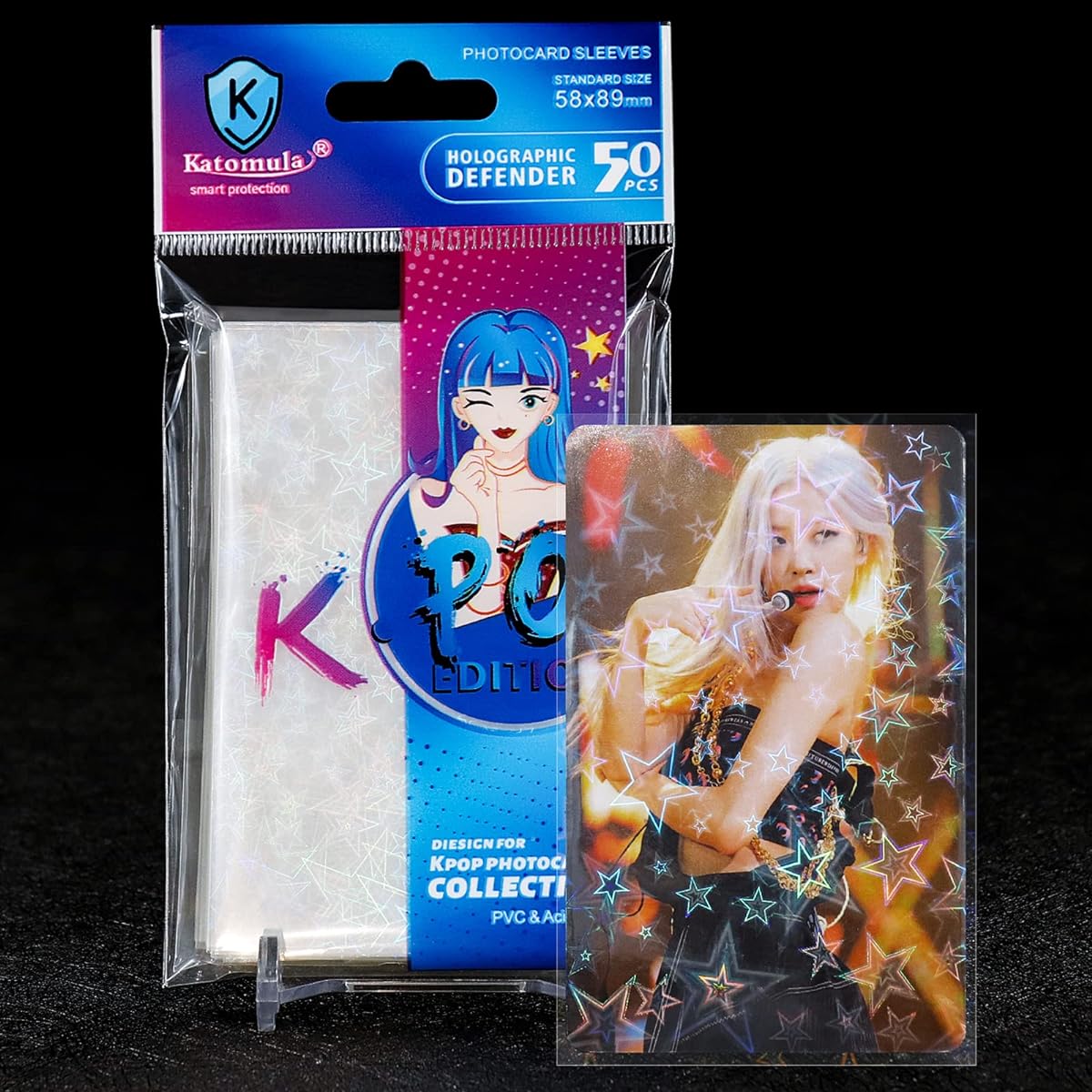 Kpop Premium Photo Card Sleeves 50pcs Holographic Card Sleeves Holographic & Clear Double Sided Perfect Fit K-POP Photo Cards (Big Star)
