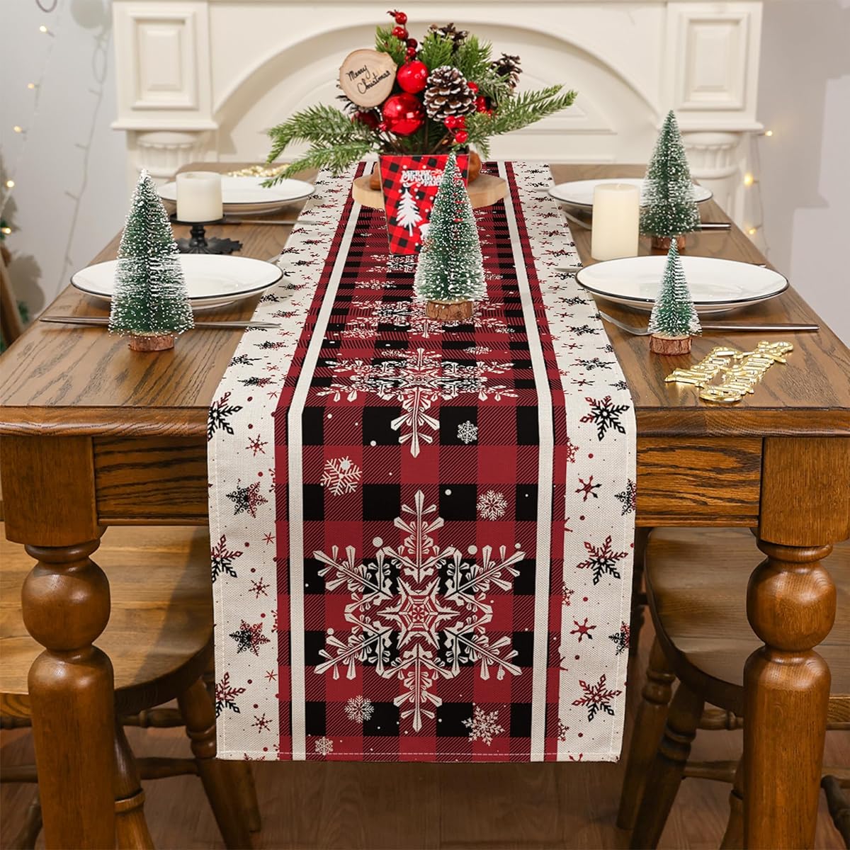 Siilues Winter Table Runner Buffalo Check Winter Decorations Snowflake Runner for Table Seasonal Winter Holiday Decor for Dining Table Decoration (13" x 48")