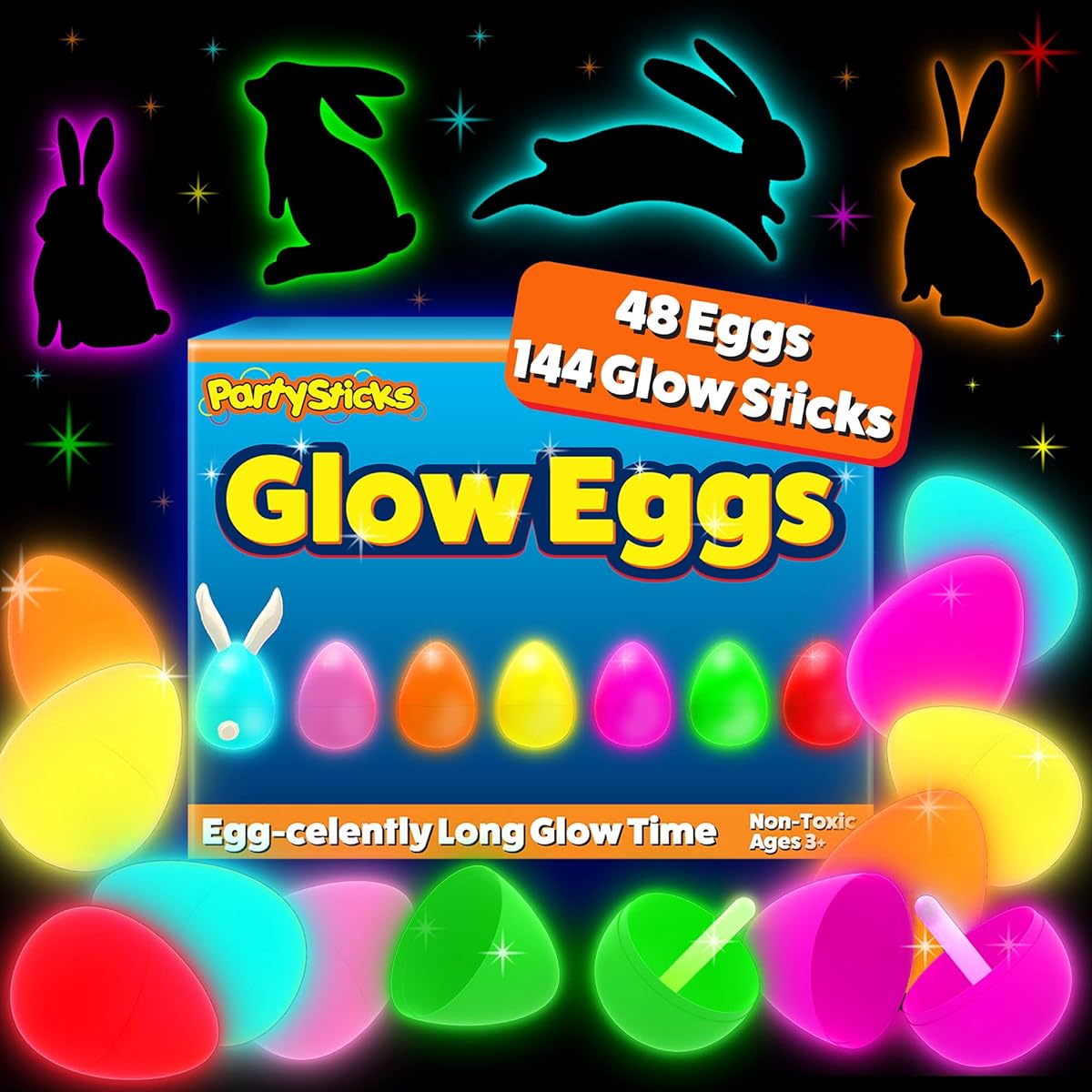 PartySticks 48 Easter Glow Eggs & 144 Mini Glow Sticks - 192 Total Glow in the Dark for Kids Teens Adults, Easter Basket Stuffers, Gifts, Egg Hunt Game, Bulk Party Favors, Boys Girls, Classroom Giveaways