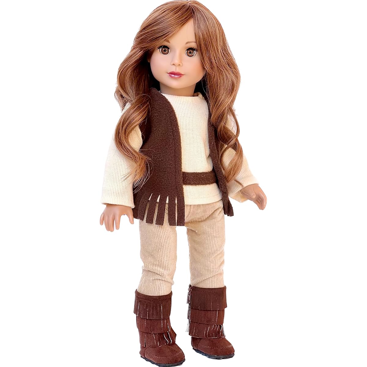 Warm and Cosy - 4 piece outfit - 46cm doll clothes - brown vest, ivory blouse, corduroy pants and brown boots. (doll not included)