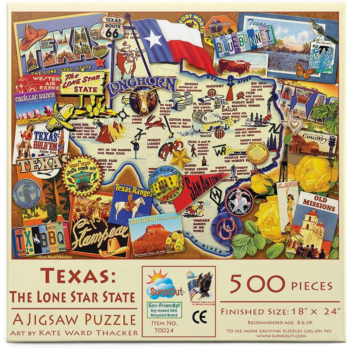 SUNSOUT INC - Texas: The Lone Star State - 500 Piece Jigsaw Puzzle Artist: Kate Ward Thacker - Finished Size 18" x 24" - MPN# 70024