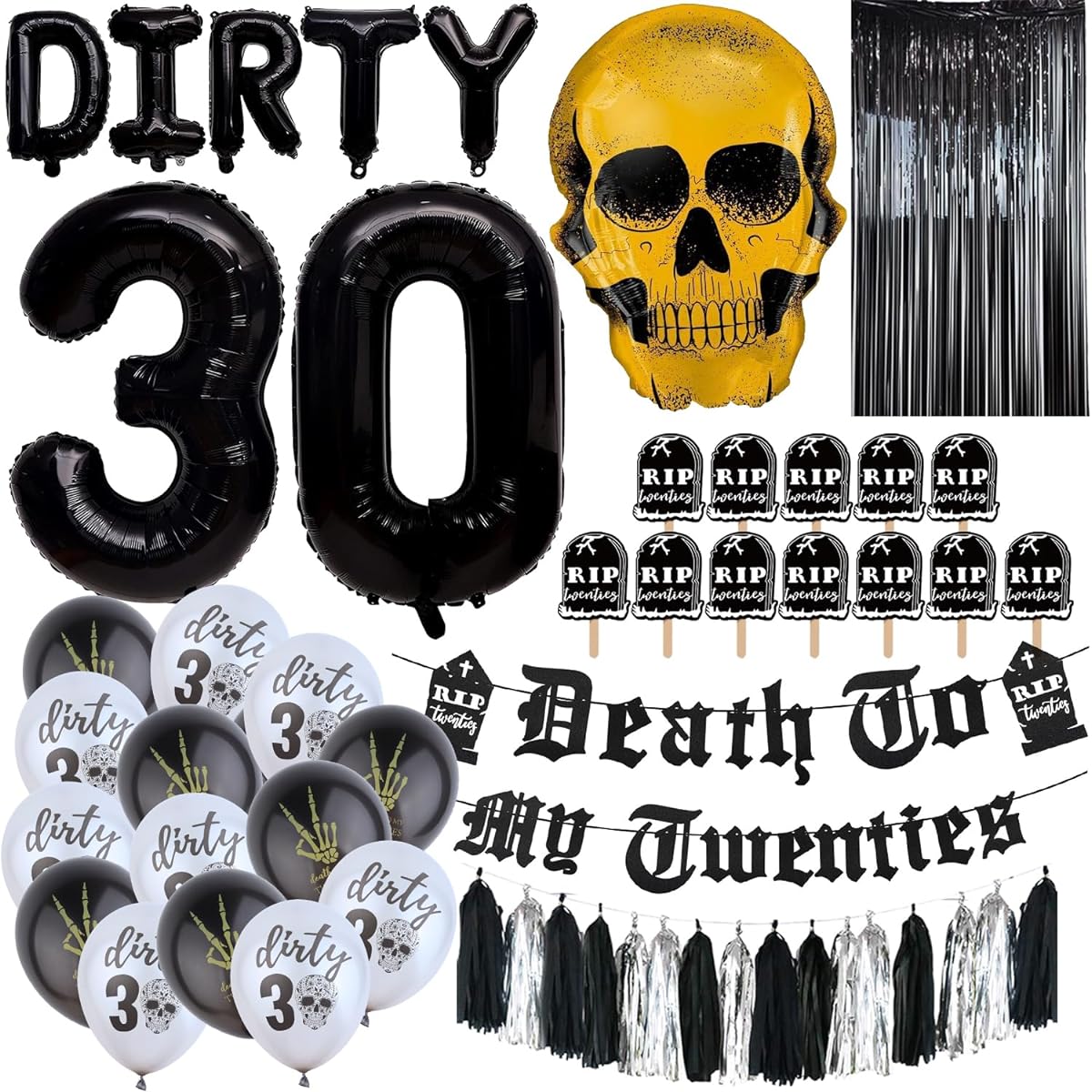 Swept Death to My 20's Decor, Dirty 30th Birthday Decorations, Black Funeral of Youth RIP 20's Birthday Balloons