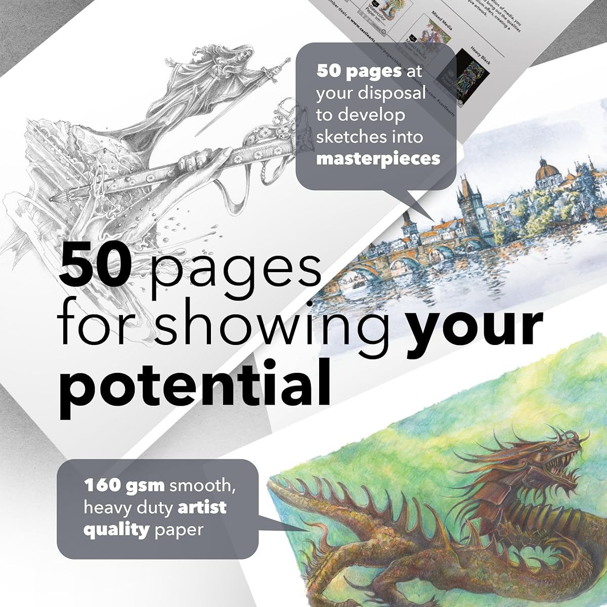 Castle Art Supplies Heavy Drawing Sketch Pad Paper 9 x 12 Inch | 2 Pack | 50 Sheets Each (160gsm/99lb) Extra White Smooth Artist Paper | Acid Free | The Go-To Pad for All Artists (9 x 12, 2 Pack)