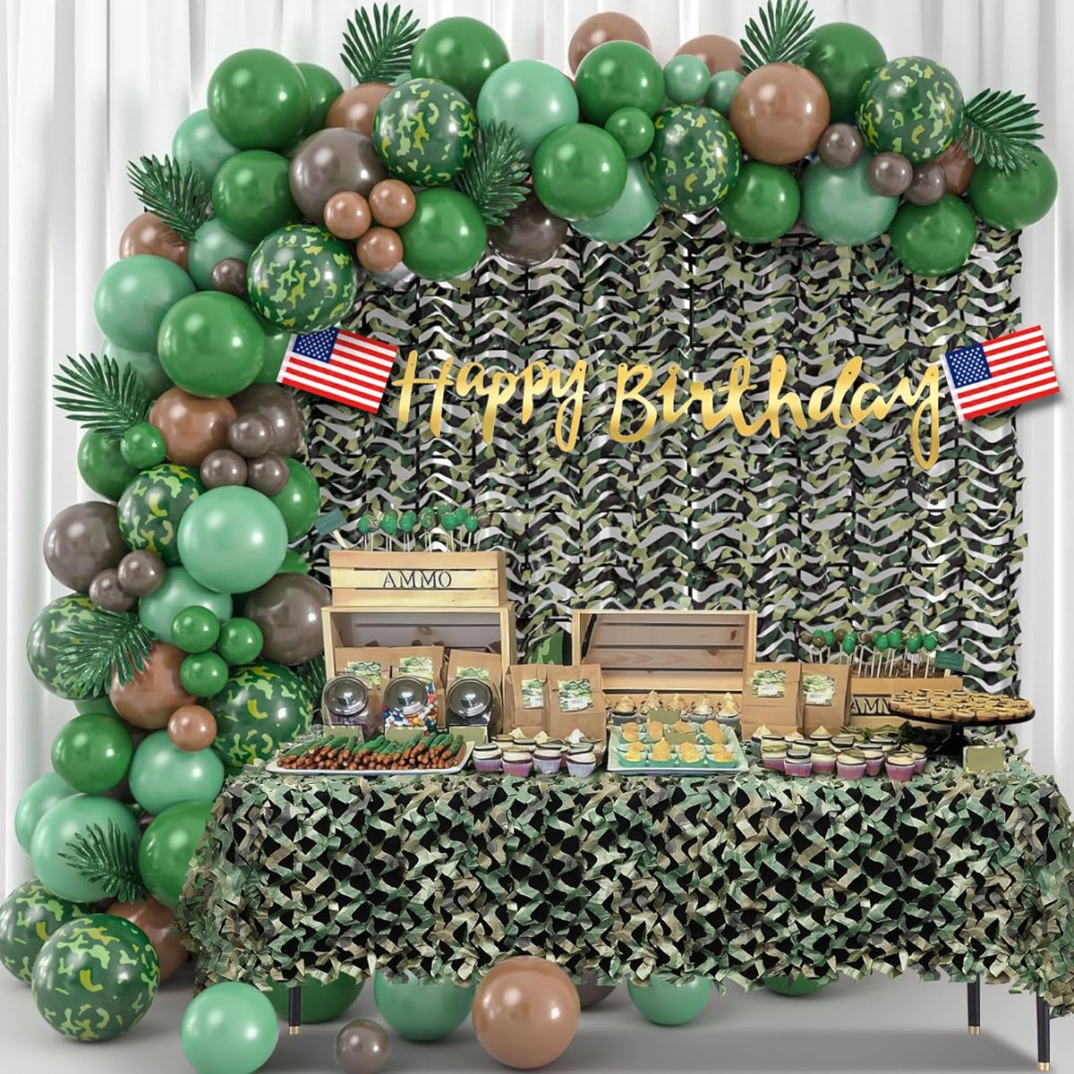 Keleno 133pcs Army Party Decorations Amy Birthday Party Supplies Camouflage Netting Camo Balloons Garland Arch Kit Green Brown Happy Birthday Banner American Flag Willow Leaves Army Decorations for Party