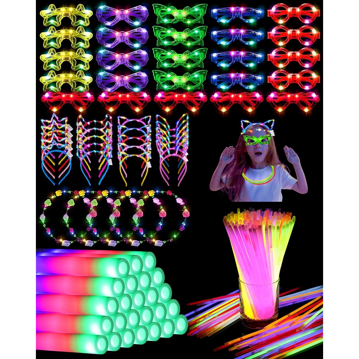 Ceenna 175pcs Light Up Party Favors Set, 25pcs LED Glasses, 25pcs LED Foam Sticks, 5pcs Ear Light Up Headbands, Light Up Flower Crown, 100 Glow Stick Bracelets Glow in the Dark Party Accessories (Creative)
