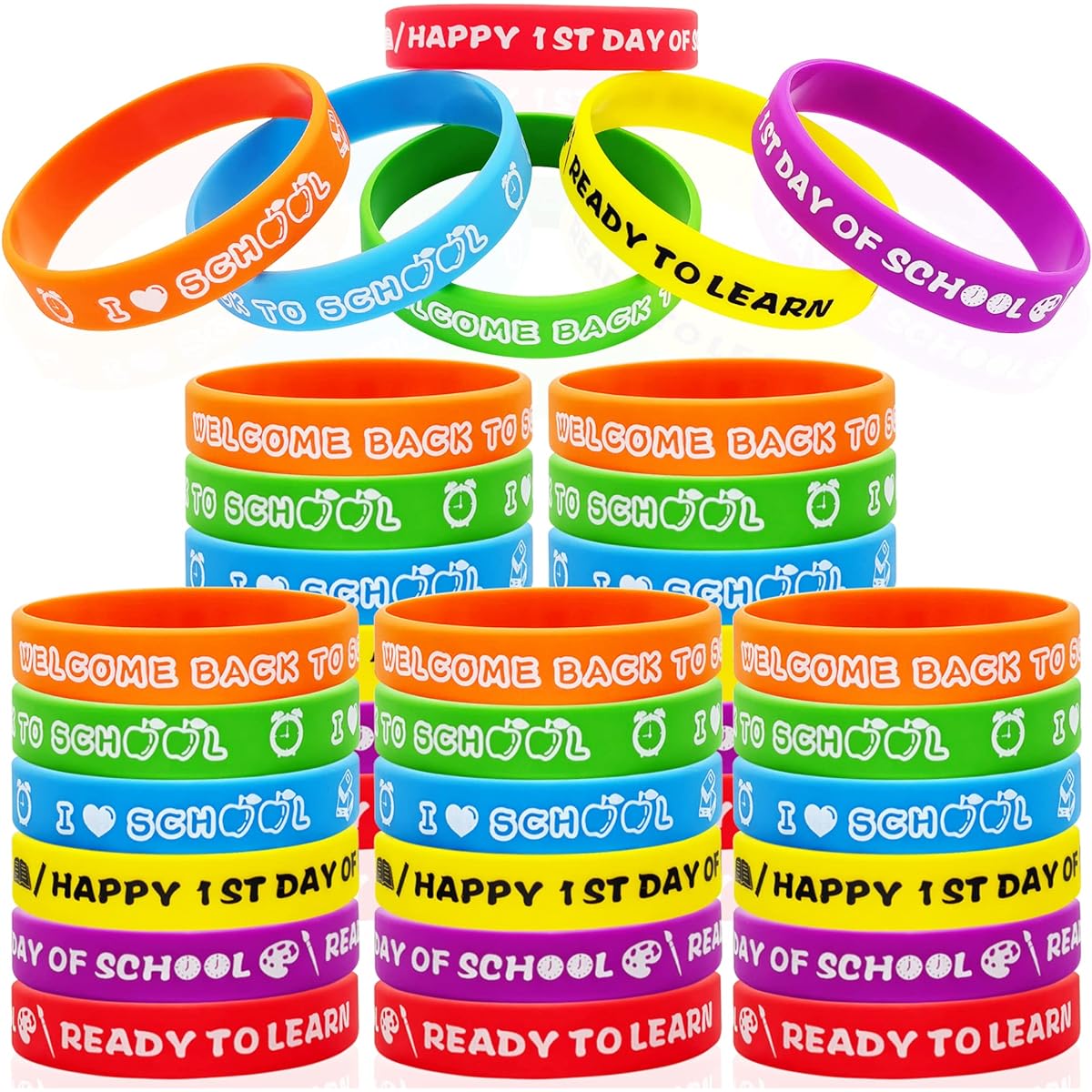 Back to School Rubber Bracelets 36 Pack | Back to School Party Supplies | First Day and 100 Days of School Silicone Wristbands School and Classroom Party Favors Party Goodie Bag Filler Stuffers