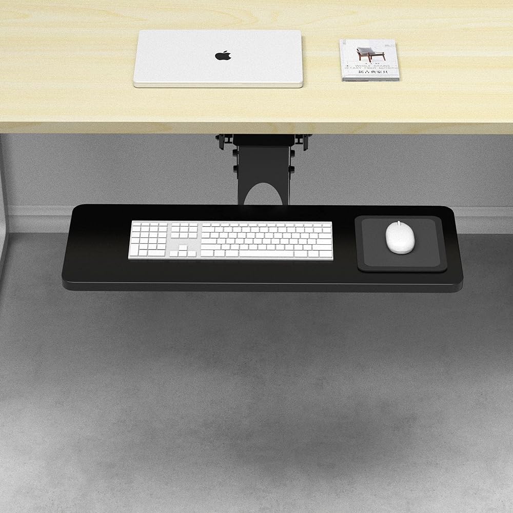 OUGIC Keyboard Tray, Under Desk Keyboard Slider, Ergonomic, Width 24cm Length 75cm Adjustable, 360 Degree Rotation, Adjustable Height and Angle for Improved Posture, Keyboard Slider, Easy to Install