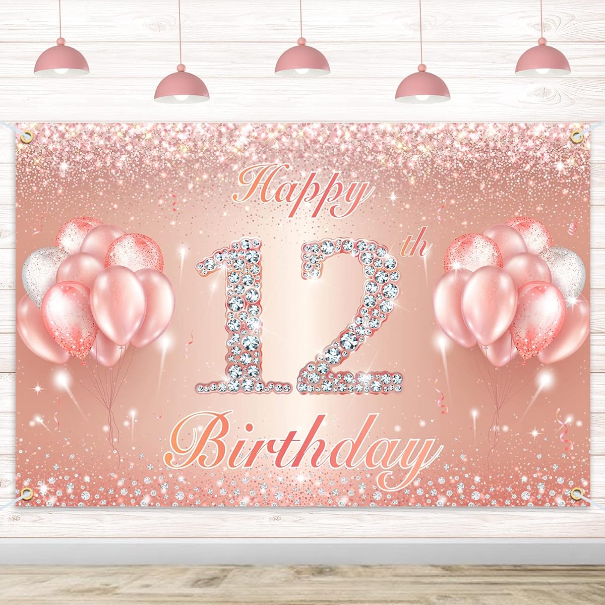 Happy 12th Birthday Banner Backdrop - 12th Birthday Party Decorations Supplies for Girls and Boys - Rose Gold 4 x 8ft