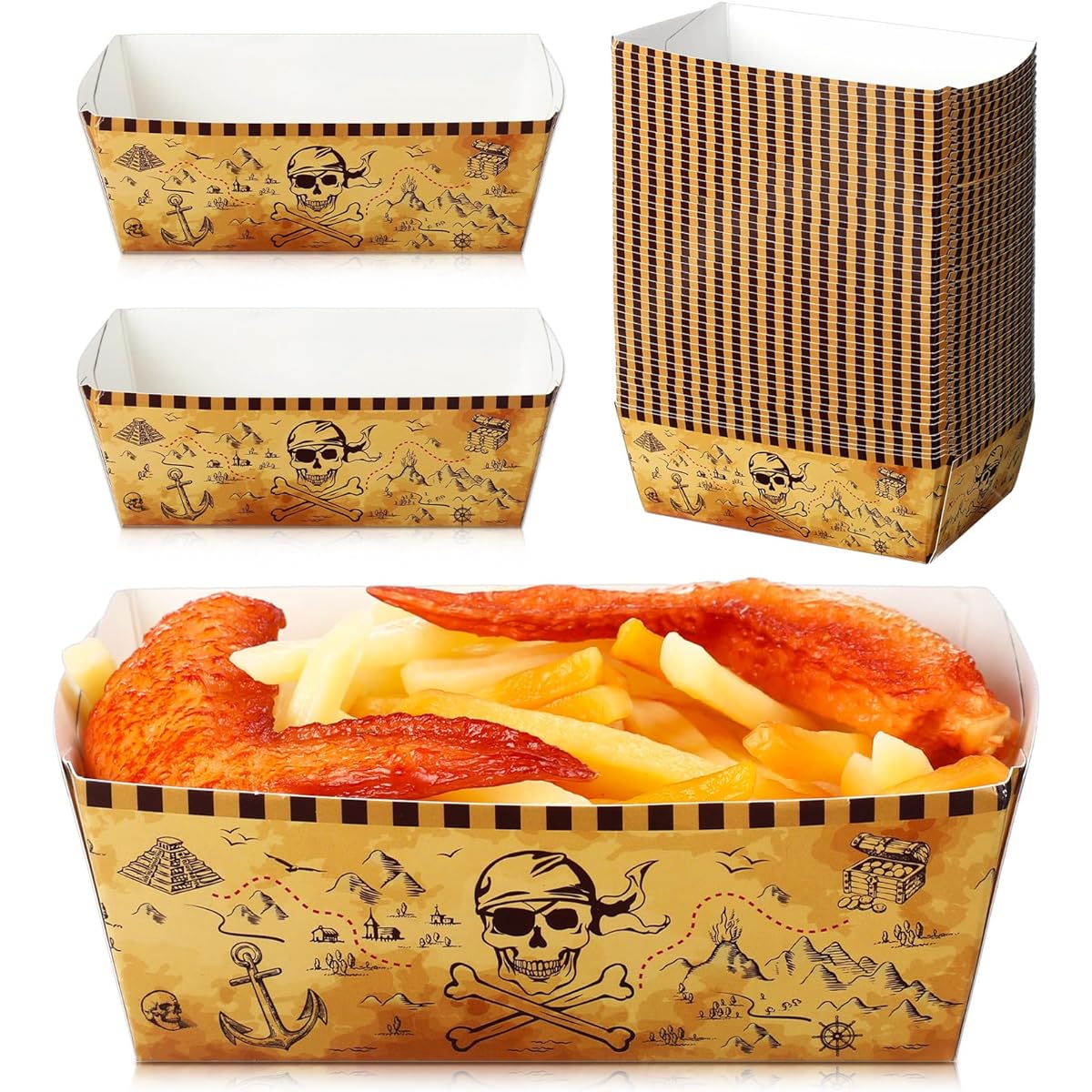 Junkin 50 Pieces Pirate Party Supplies Decorations Pirate Paper Food Trays Nautical Theme Party Favors Disposable Snack Boxes for Boat Halloween Pirate Caribbean Birthday Baby Shower (Brown)