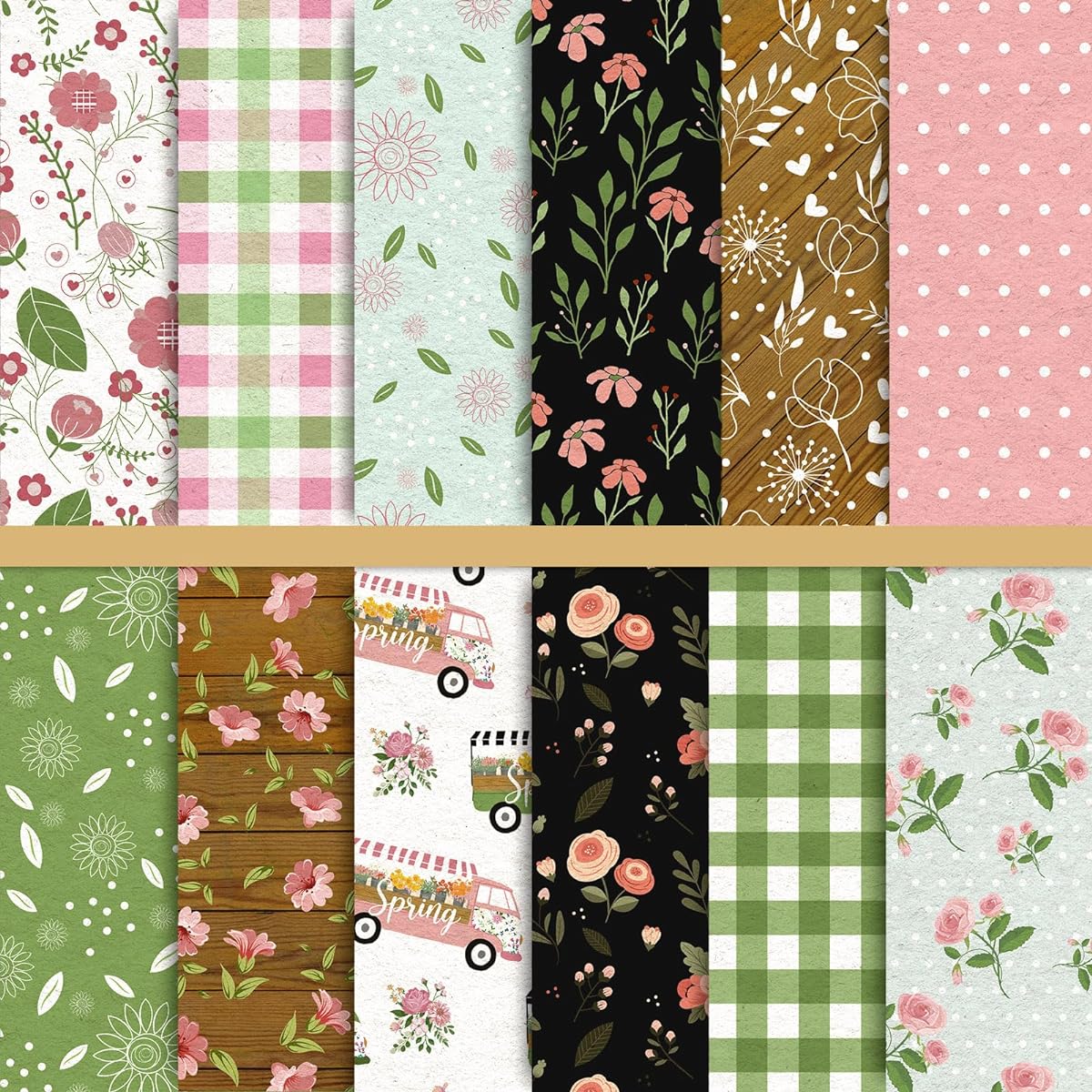 Whale 12 Designs Spring Pattern Paper Pack 24 Sheets Plaid Floral Scrapbook Specialty Paper Pink Double Sided Collection for Card Making Decorative Craft Paper Scrapbooking Photo Album Decoration 30 x 30cm