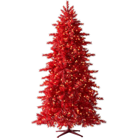 Treetopia Thin Red Artificial Christmas Tree Red Red Pine 6ft Pre-lit with Clear LED Lights