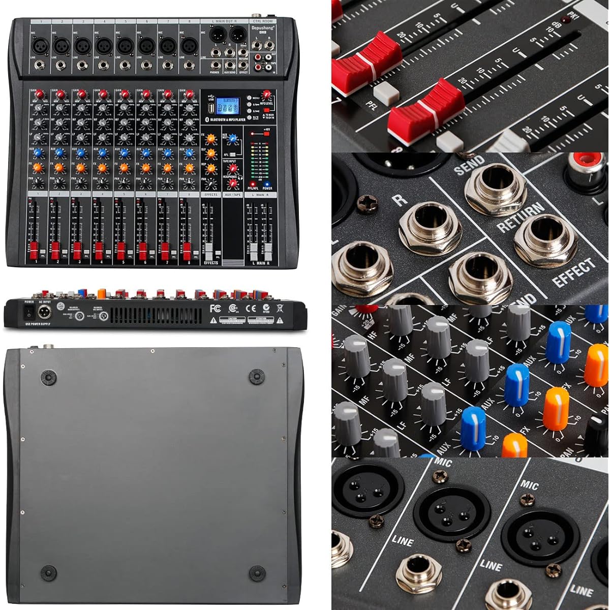 Depusheng DX8 Professional Mixer Soundboard Console 8 Channel Desk System Interface Digital USB MP3 Input 48V Phantom Power Stereo DJ Studio FX Steel Chassis, Black Bluetooth USB Audio Mixer for PC
