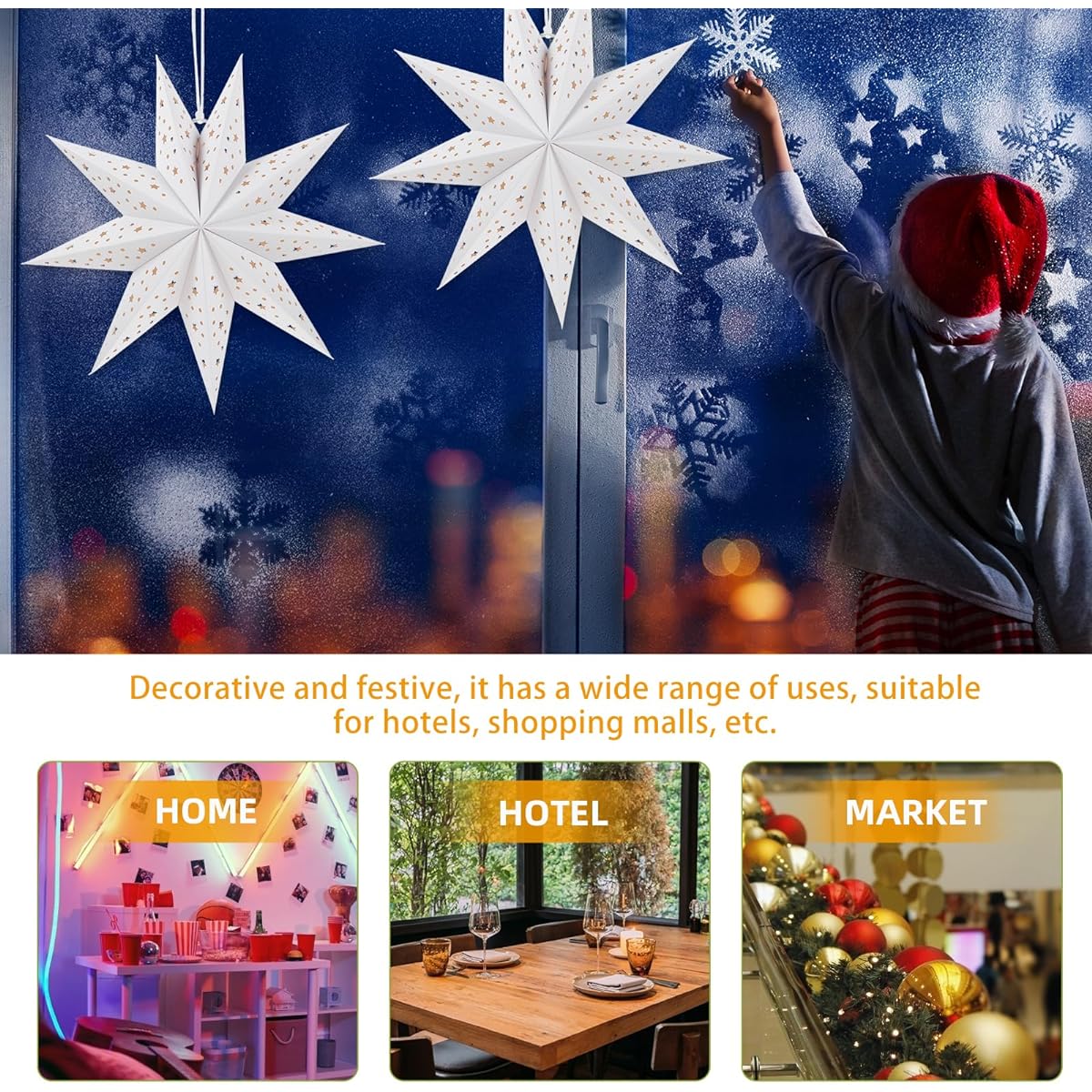 Lurrose 3pcs Christmas Star Lantern Lampshade 9 Pointed Hollow Star Paper Lantern Ceiling Hanging Ornament Wedding Party Christmas Tree Decoration 35cm (White)