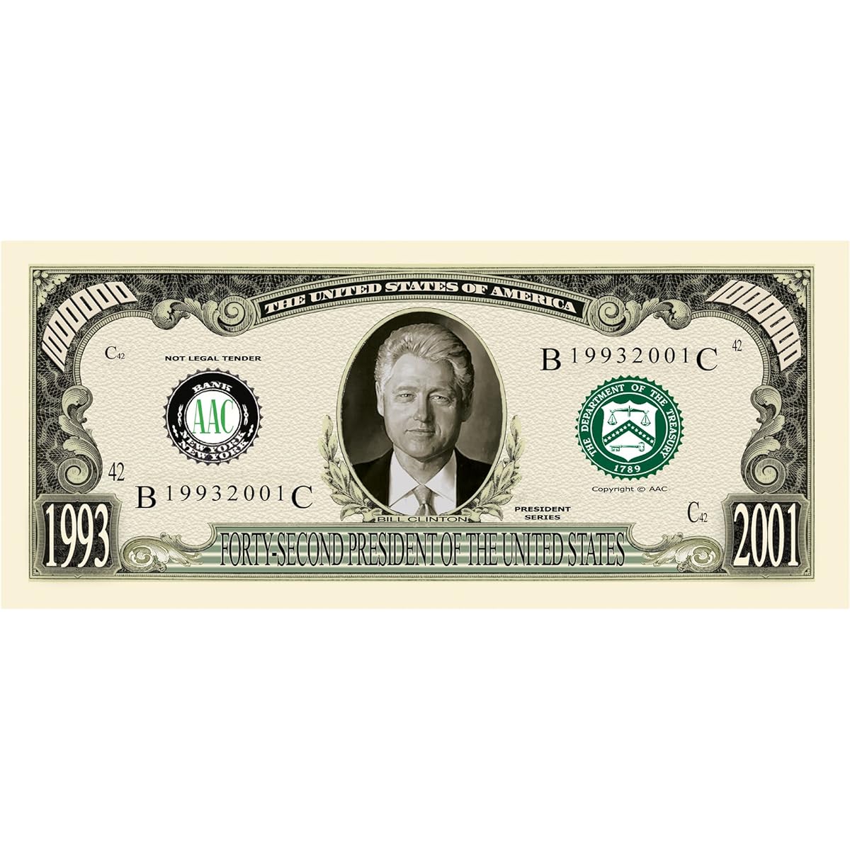 American Art Classics Set of 10 Bill Clinton Million Dollar Bills