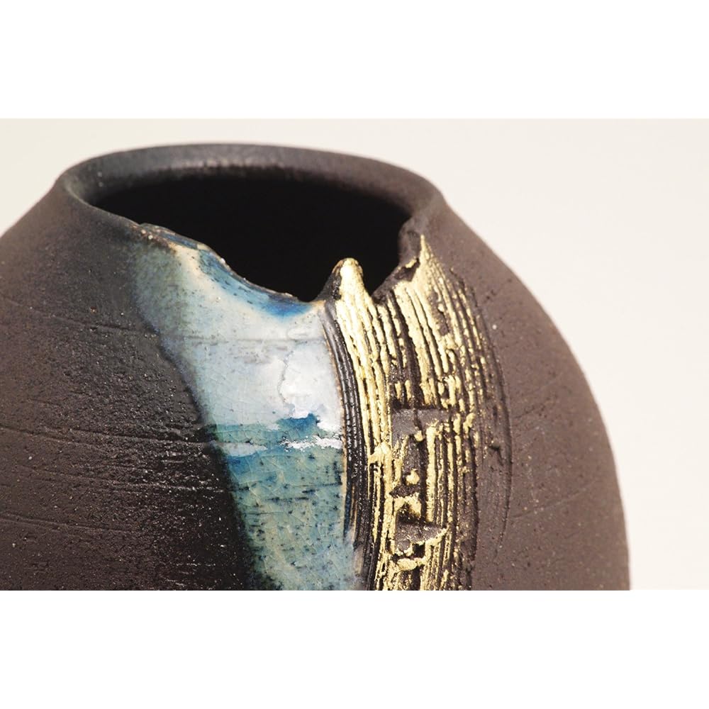 Marui Seito Shigaraki Ware Hechimon Vase Flower Base Large Round Blue Glaze Gold Pottery MR-1-2534