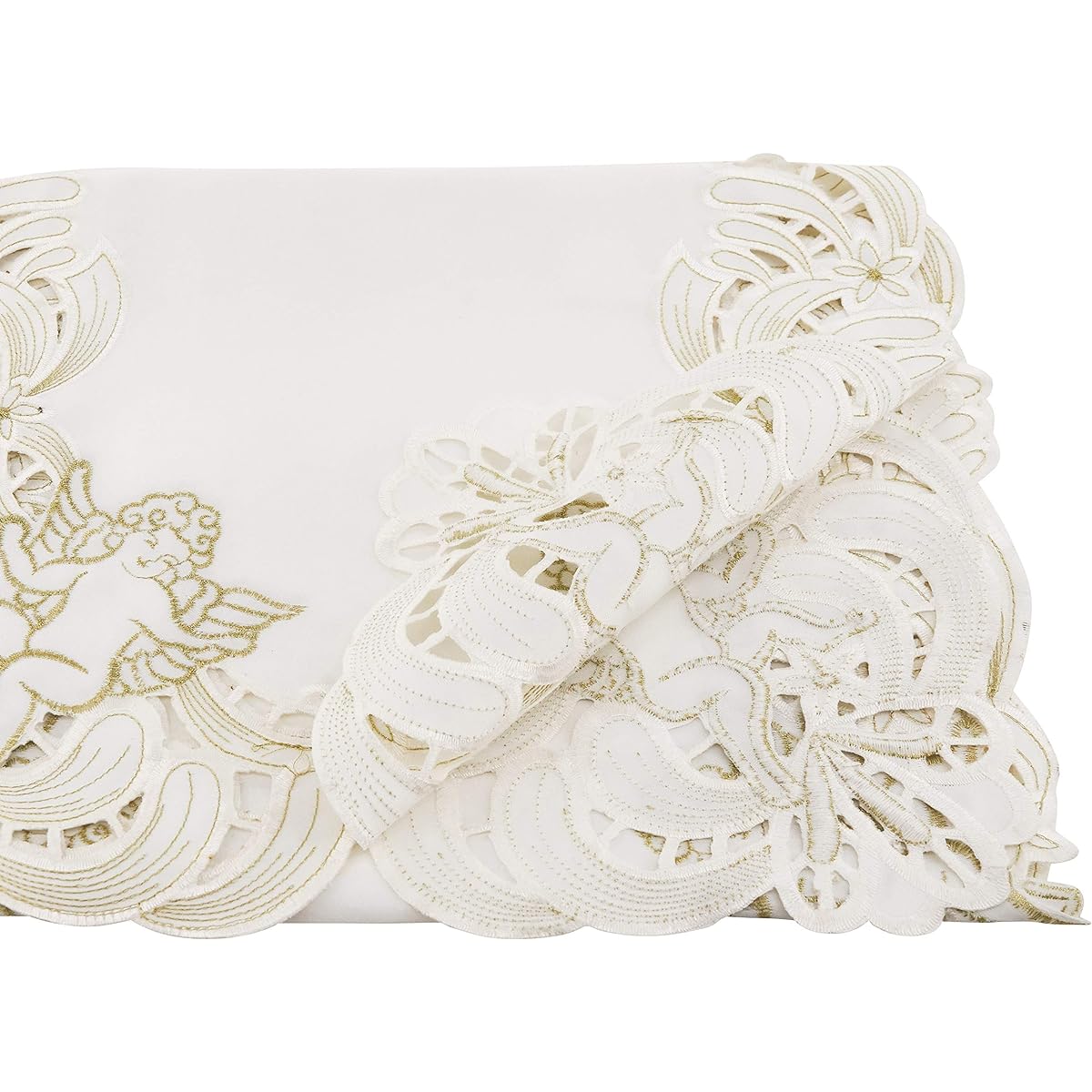 SARO LIFESTYLE Cupidon Collection Embroidered Cupid Design Table Runner 15" x 54", Ivory