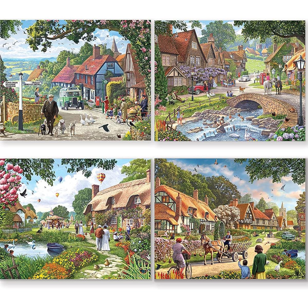 Bits and Pieces - 4-in-1 Multipack - 300 Piece Jigsaw Puzzle for Adults - Each Size 16" x 20" (46cm x 61cm) - Artist: Steve Crisp Village Life