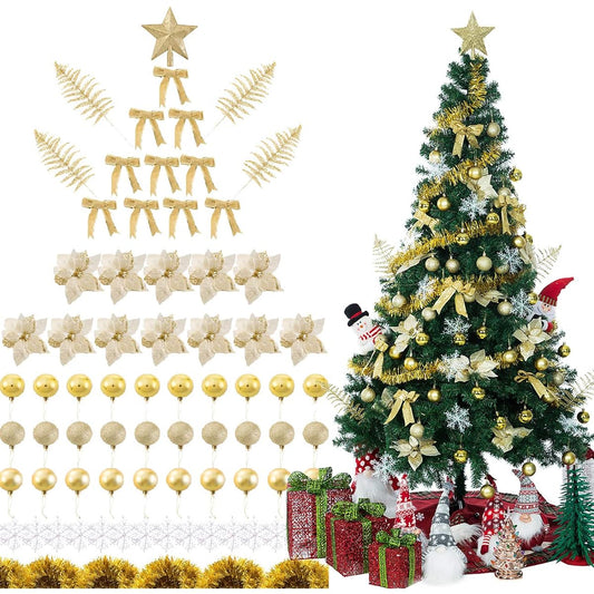 Sunnyglade 94 Piece Christmas Tree Ornaments Set with Glitter Poinsettia, Bows, Leaves & Assorted Decorative Balls for Christmas Tree Holiday Wedding Party Decorations (Golden)