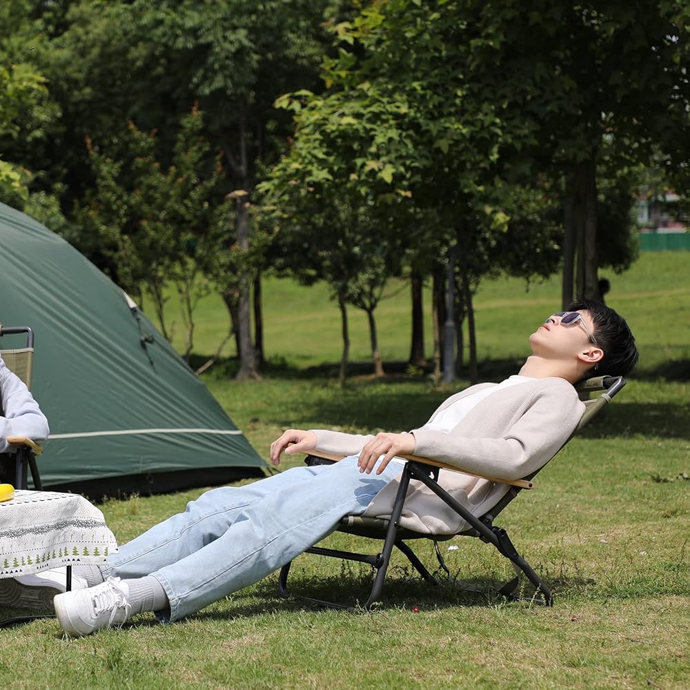 TIMBER RIDGE Outdoor Chair, Cross-legged Chair, Foldable, 3-tier Reclining, Load Capacity: 150kg, Weight: 3.9kg, Camping, Low Chair, Solo Chair, Wooden Armrest, Fishing, Barbecue