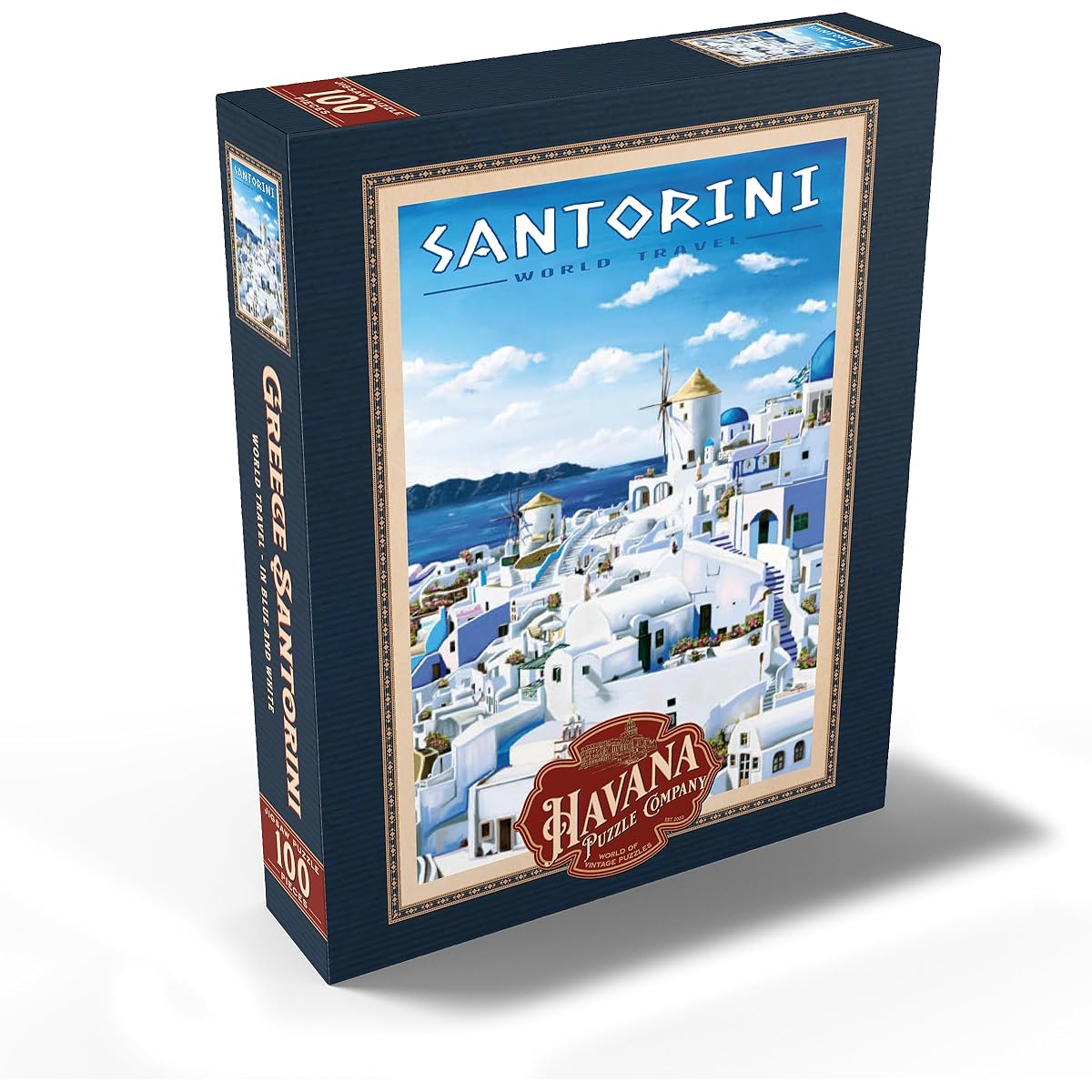 Santorini Greece - Blue and White Vintage Travel Poster - Premium 100 Piece Jigsaw Puzzle for Adults