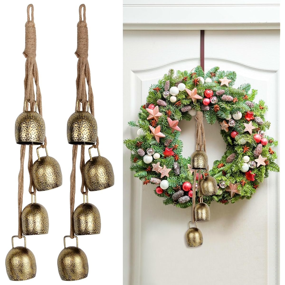 SIX FOXES 2pcs Cow Bell Bell Ornament 2023 Christmas Bell Decorative Bell Decorative Bell Metal Tibetan Meditation Decorative Cowbell with Jute Hanging Rope