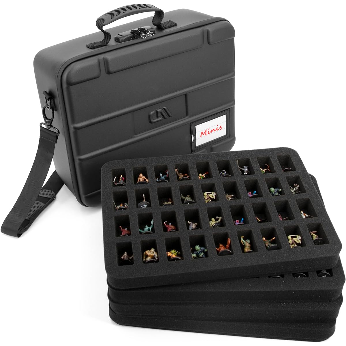 CASEMATIX Miniature Carry Case with Programmable Lock - 144 Slot Miniature Storage Case with 4 Shock Absorbing Foam Trays for Mini, Adjustable Shoulder Strap, ID Card Holder, and More
