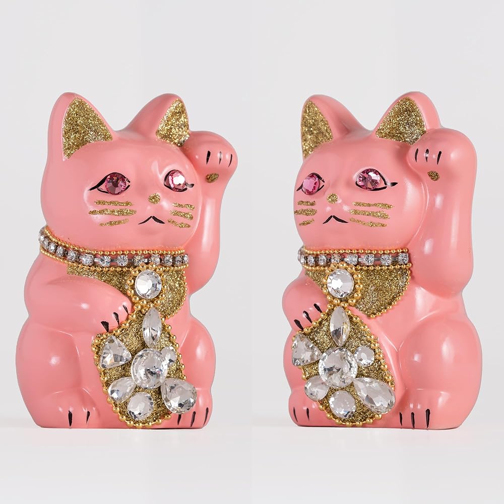 Lucky Cat Jewelry Cat (S-SIZE Pink) Left Hand Raised/Pottery_Lucky Cat Lucky Cat Maneki Cat Lucky Feng Shui Ornament Offerory Box (jw_S Peach