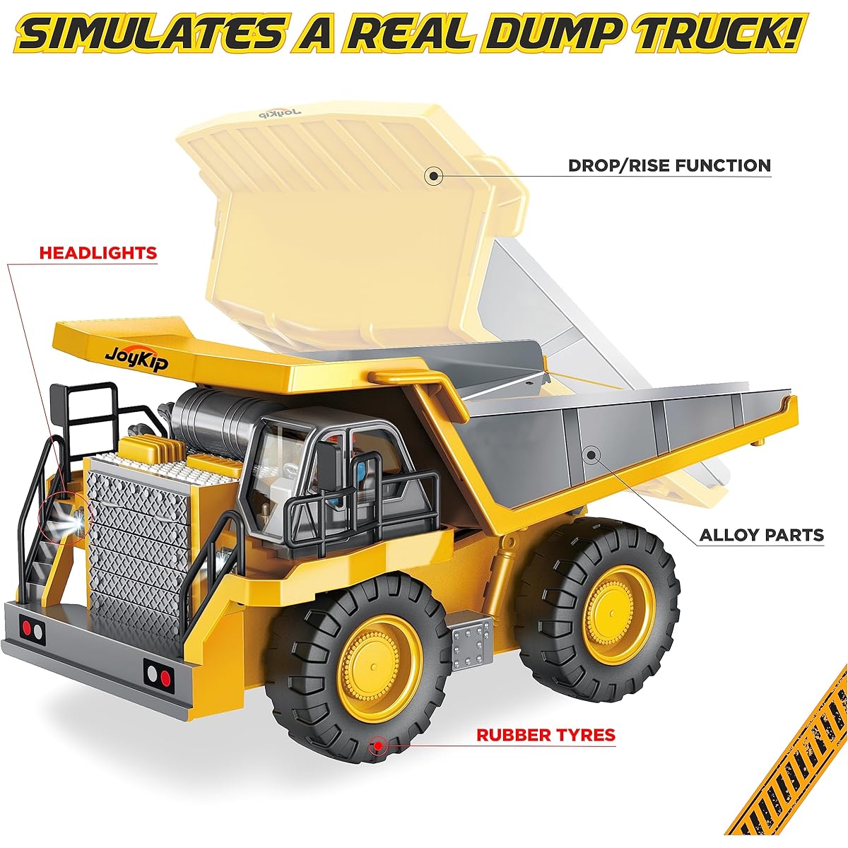 JoyKip Alloy Dump Truck Remote Control 2.4Ghz - 9 Channels - Construction Vehicle Toy with LED Lights for Ages 4, 5, 6, 7+