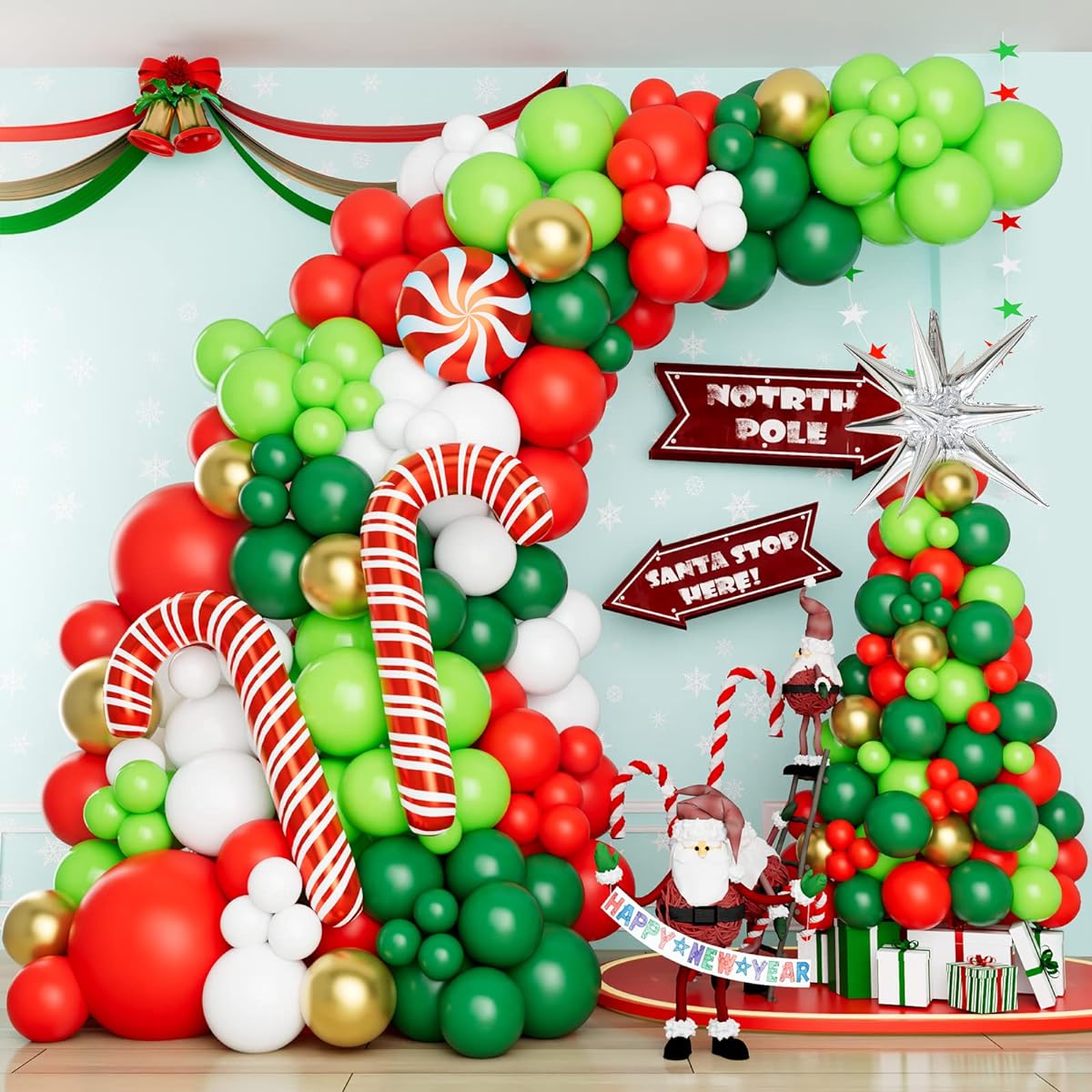 CboDeco Christmas Balloon Garland Arch Kit, 125 Pieces Red Dark Green White Gold Lime Green Balloons Candy Balloons Cane Balloons Silver Siamese Explosion Star Balloons for Christmas Party Decorations