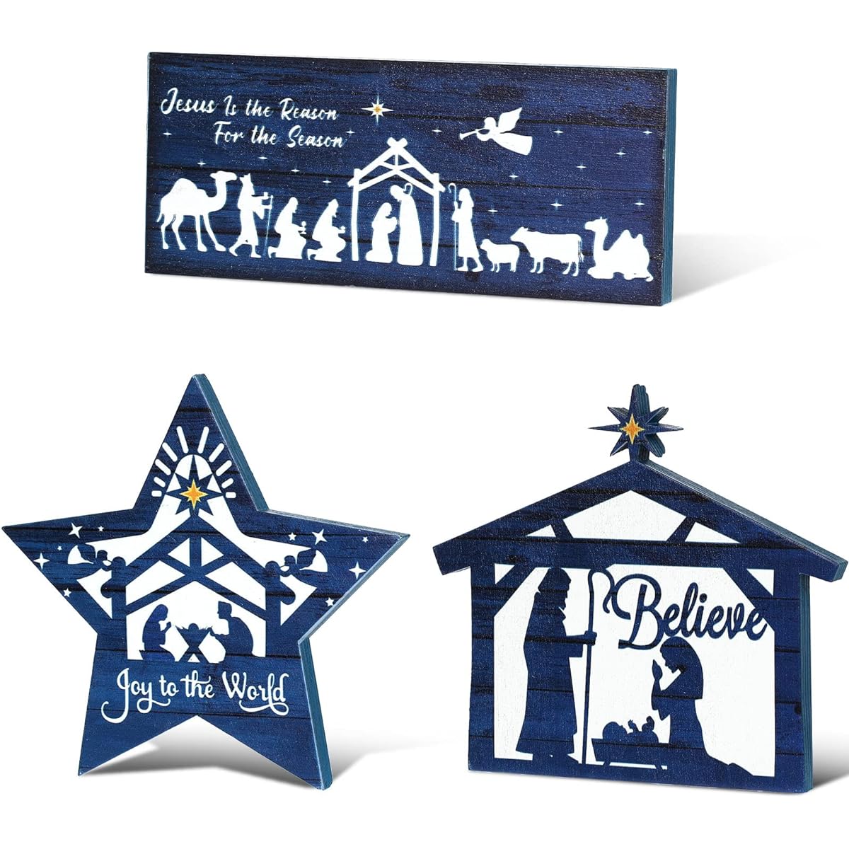 Christmas Table Decorations Jesus Christ Nativity Set Table Sign Nativity Scene Table Centerpiece Wood Block Xmas Believe Sign Rustic Farmhouse Christian Decor Home Tiered Tray for Holidays Set of 3