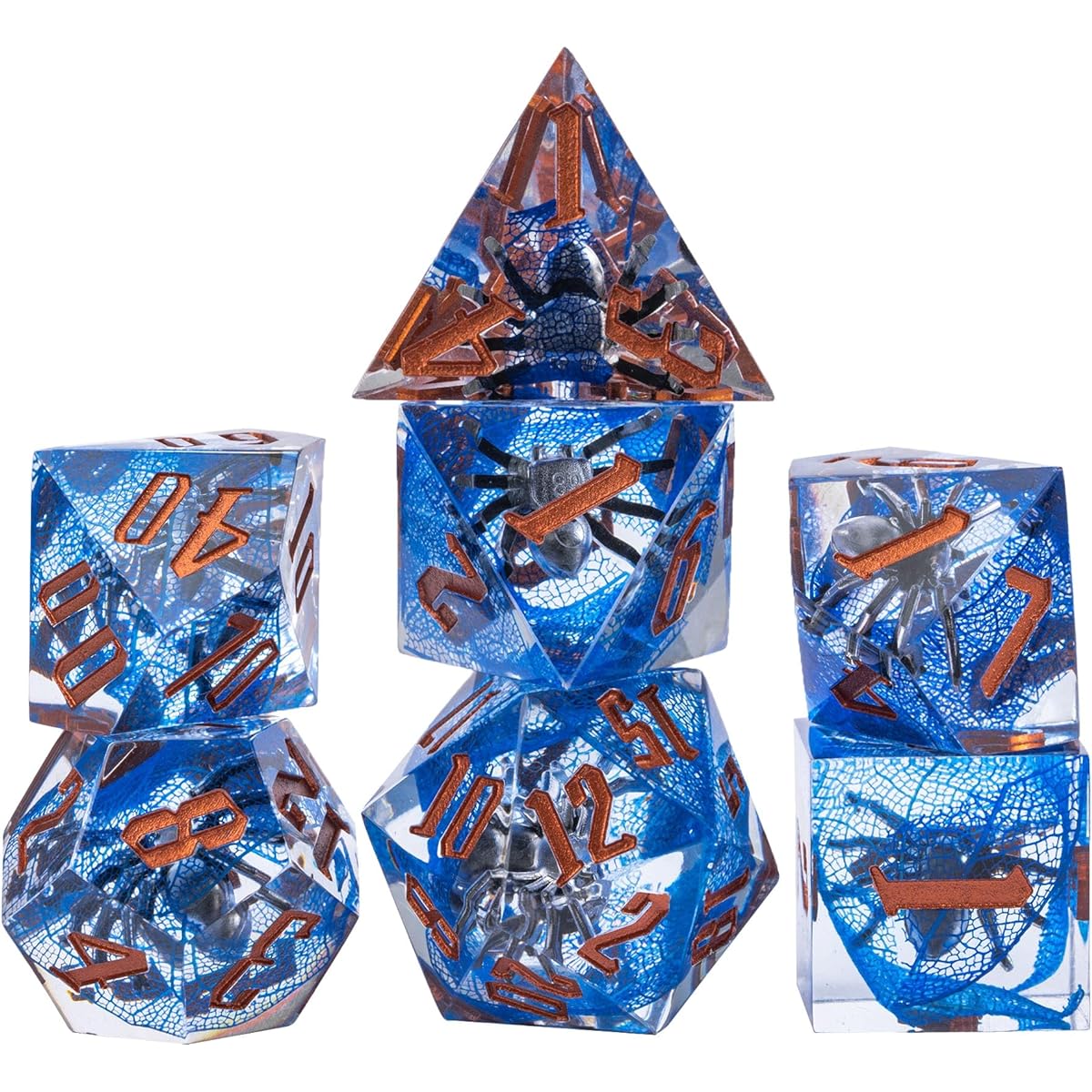 Cusdie Sharp Edge DND Dice, 7 Piece D&D Dice, Handcrafted Polyhedral Dice Set for Dungeons & Dragons RPG, Pathfinder and Other Tabletop Games (Spider Blue)