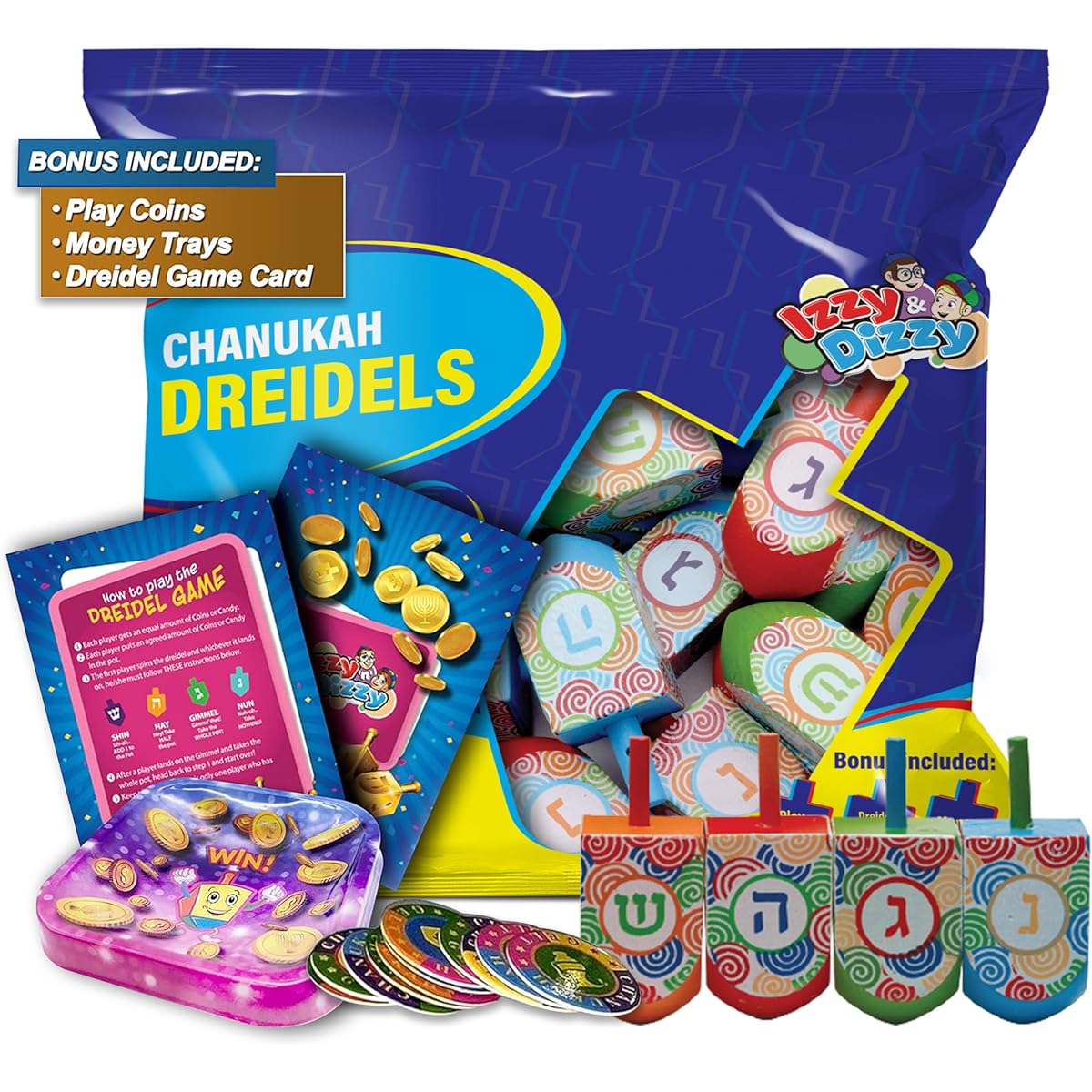 Izzy 'n' Dizzy Hanukkah Dreidels – Multicolor Wooden Dreidels – 10 Pack M
