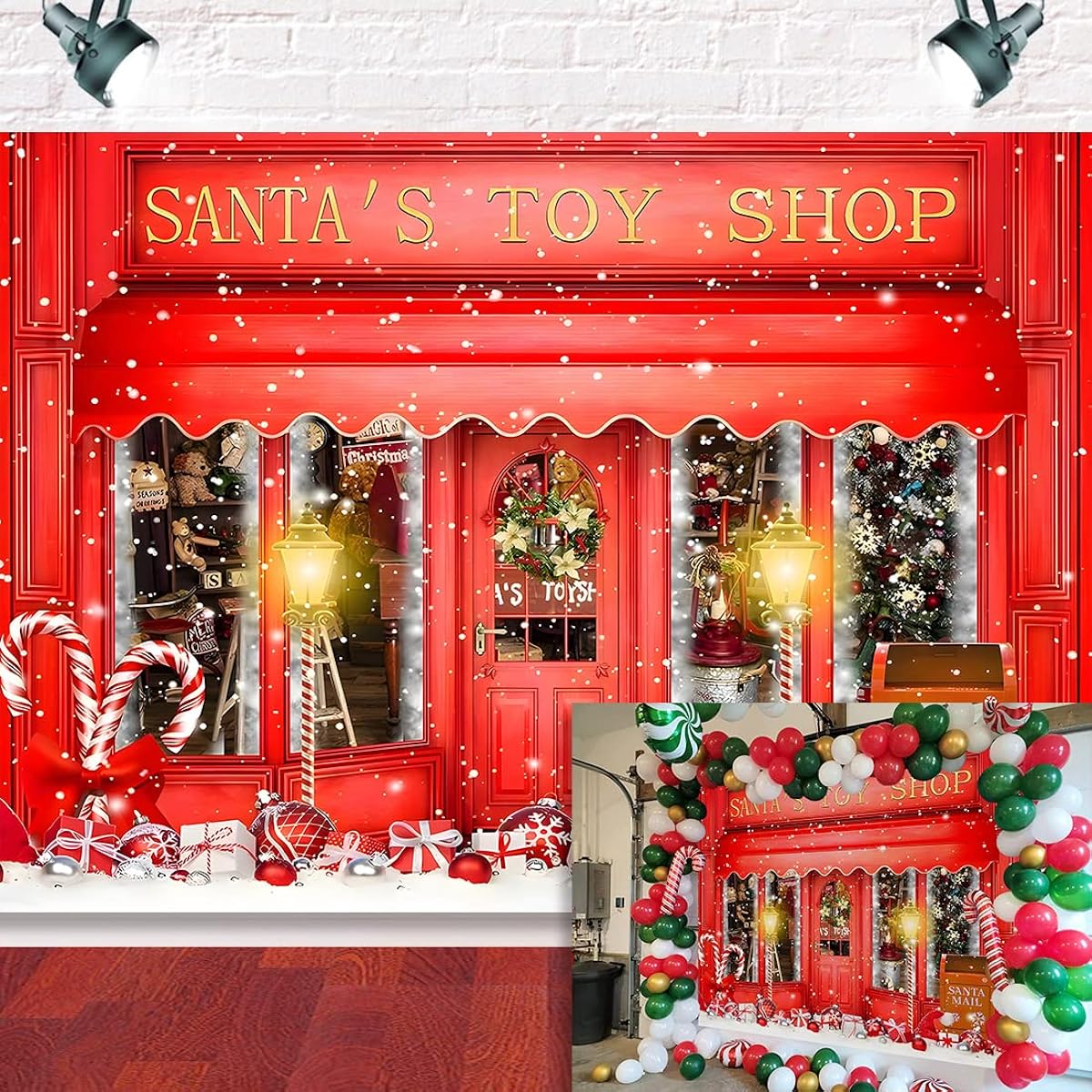 Santa's Toy Store Photo Background Christmas Tree Gift Candy Snow Window Store Backdrop Christmas Wall Decor Winter Gift Backdrop Photo Booth 7x5ft