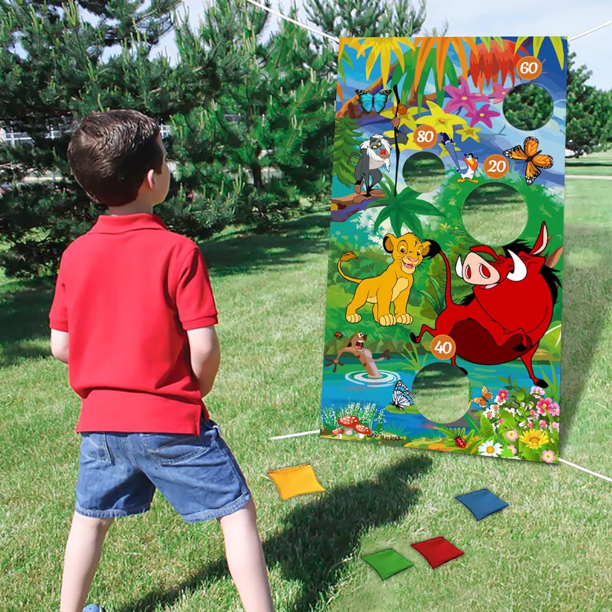 Lion King Toss Game Banner with 4 Bean Bags Lion King Decoration Game for Kids Lion Theme Indoor Outdoor Toss Game Birthday Decoration Party Supplies