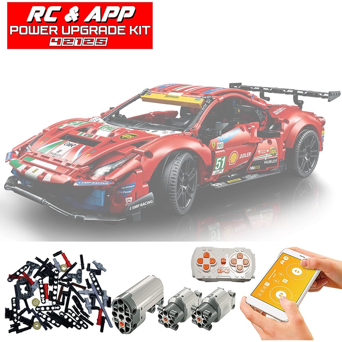 Electric driving modification kit compatible with Lego Technic Ferrari 488 GTE 42125 model can be controlled by remote control or mobile app. Evolve your Lego bricks into an automatic car (not a Lego toy, just modified parts)