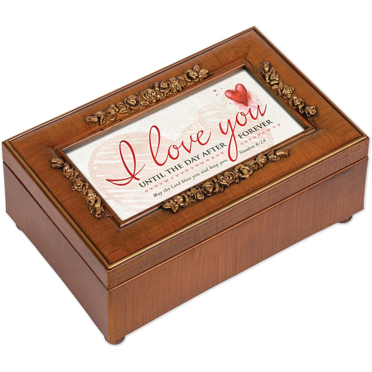 I Love You Wood Finish Rose Jewelry Music Box Plays Amazing Grace