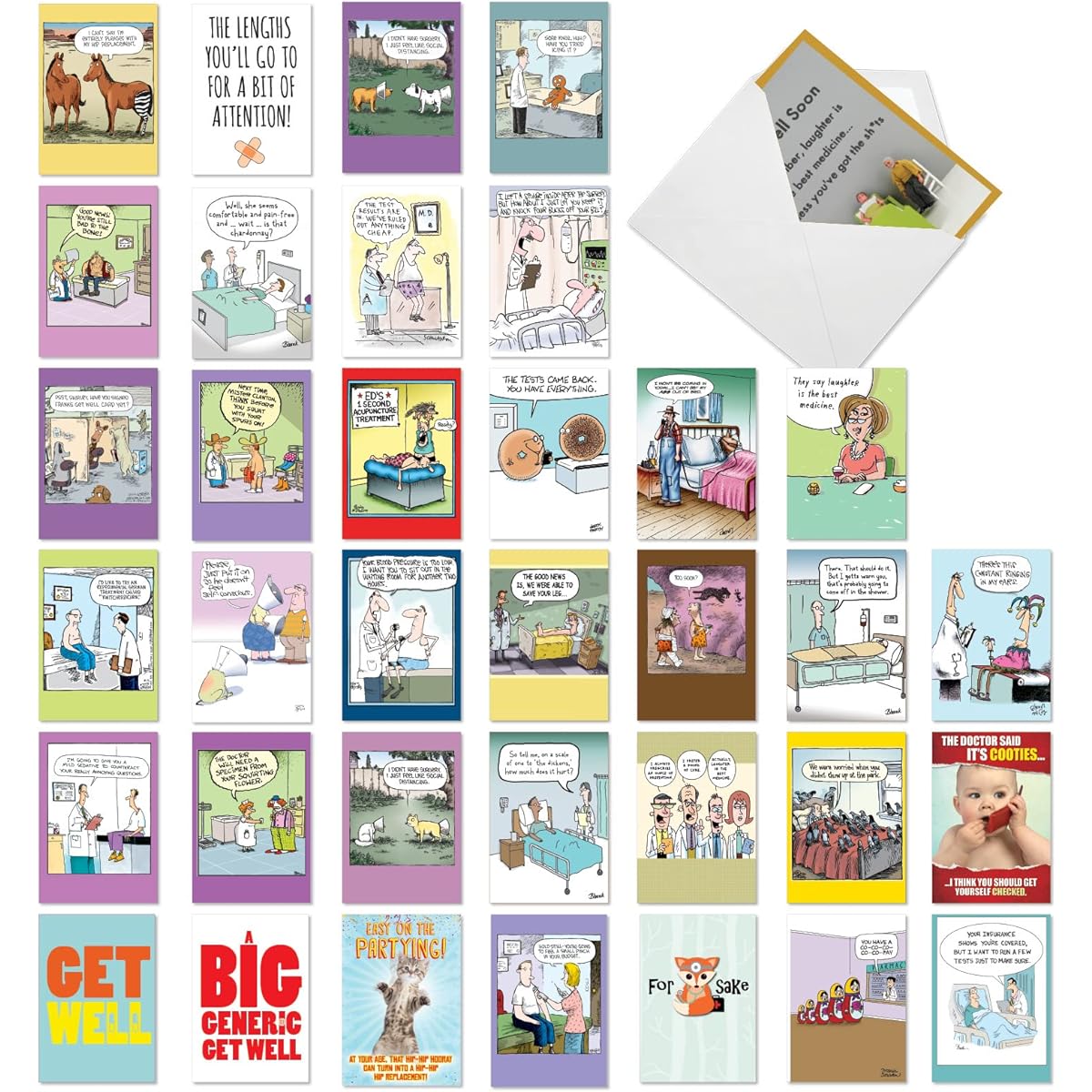 NobleWorks 36 Assorted Box Set Funny Get Well Soon Greeting Cards 5 x 7 Inch with Envelopes (1 of 36 Designs) Best Health AC10241GWG-B1x36
