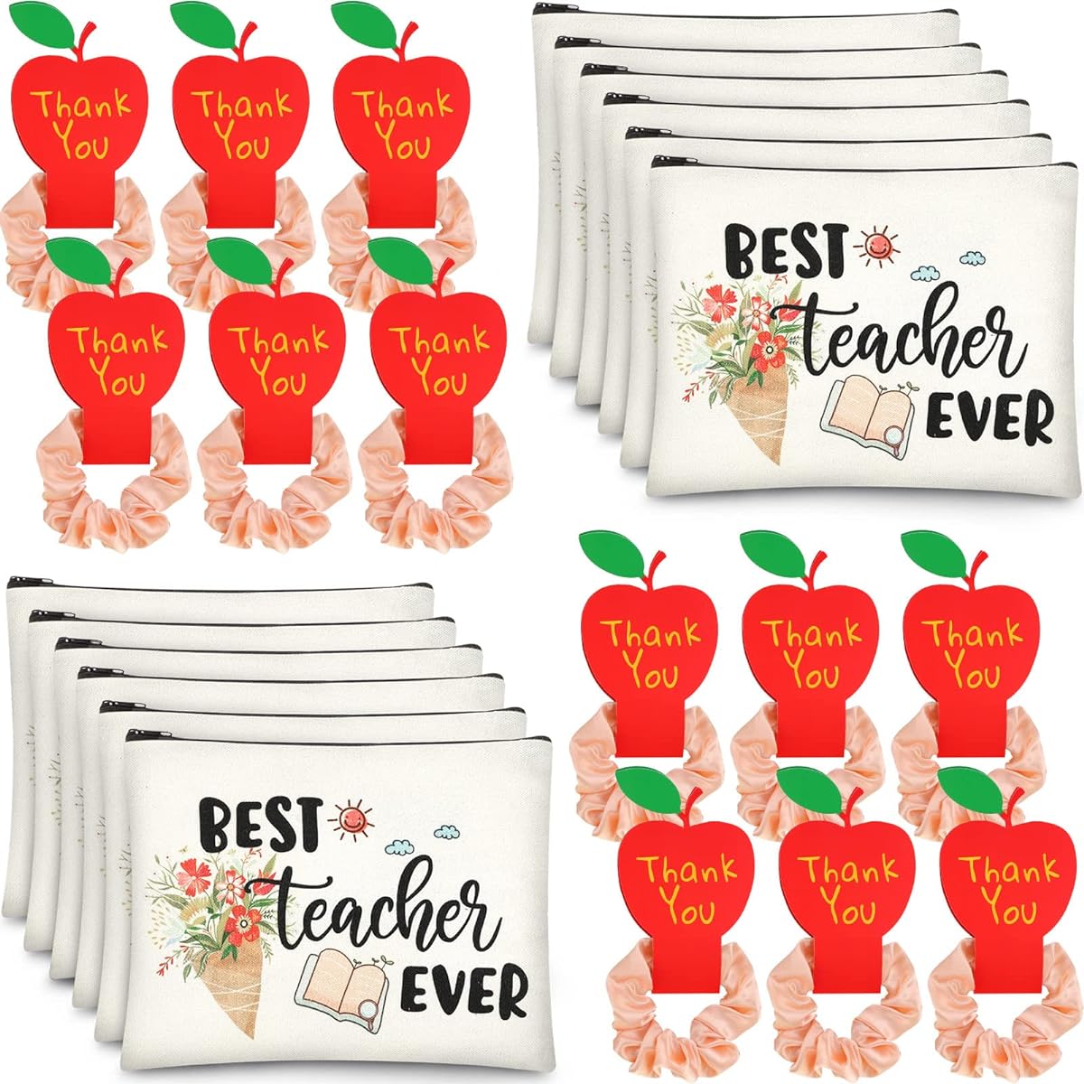 Teacher Appreciation Gifts - 24 Piece Teacher Kit with Makeup Cosmetic Bag, 12 Piece Satin Scrunchies and Thank You Cards - Back to School Gifts for Teachers, Women, Multicolor, One Size