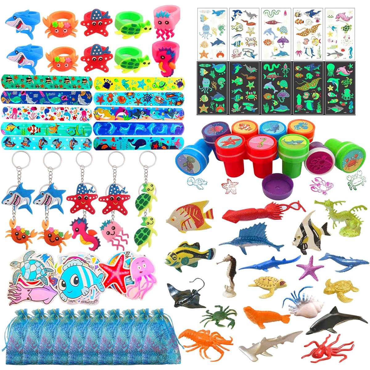plorbach 228pcs Under The Sea Party Favors Mini Plastic Ocean Animal Figures Luminous Temporary Tattoos Ocean Birthday Party Supplies Sea Animal Themed Party Favors Set for Boys and Girls