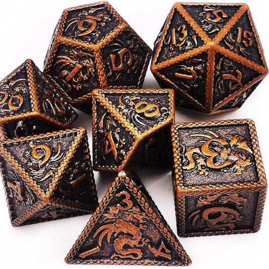 MJDICEOK Metal DND Dice Dragon Set Role Playing Dice D&D Solid Dice Red Copper