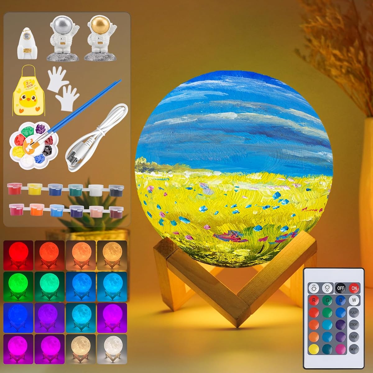 Paint Your Own Moon Lamp Kit, Rechargeable DIY 3D Moon Night Light Art & Craft Kit for Kids with Figures, Stand, Paints & Brushes, Art Supplies for Kids Girls Boys Teens Birthday Gifts Ages 3-12+